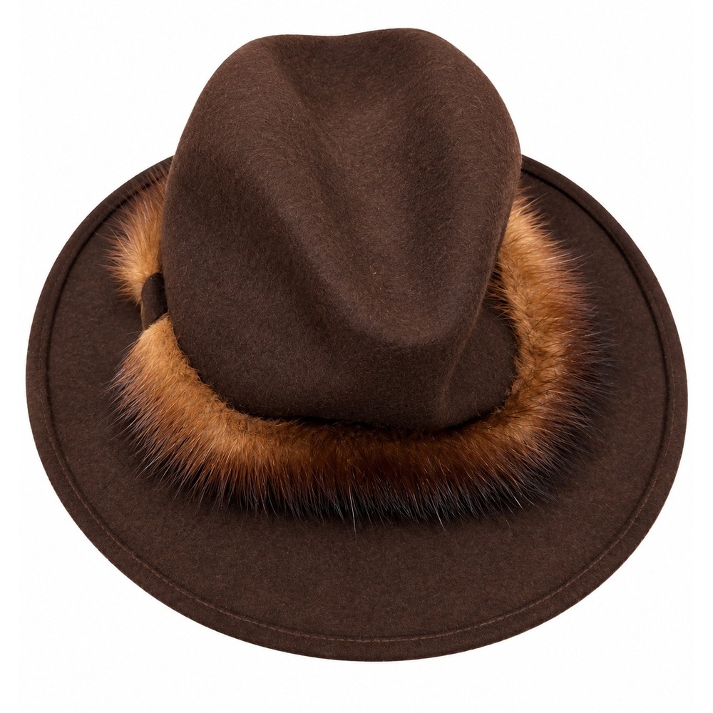 Lord & Taylor Brown Felt Fedora Hat with Fur Trim Made in Italy Size S 5715